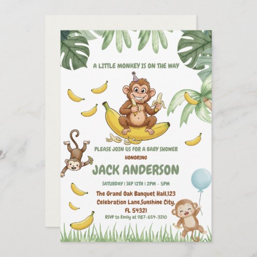 Our Little Monkey is Turning 1 Birthday Party Kaart (Voorkant / Achterkant)