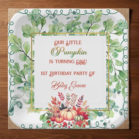 Our Little Pumpkin 1st Birthday Green Fall Wreath Papieren Bordje
