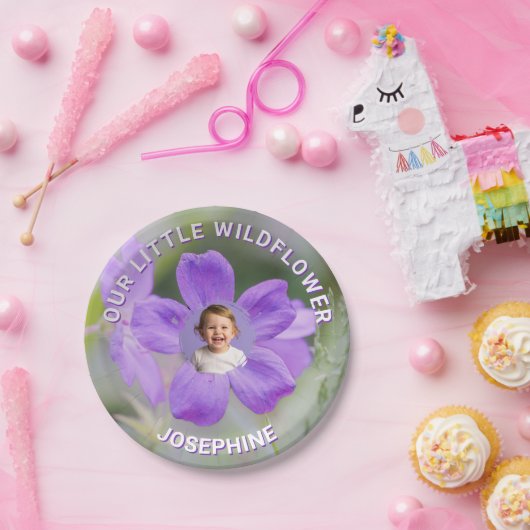 Our Little Wildflower Purple Geranium Custom Photo Papieren Bordje (Feest)