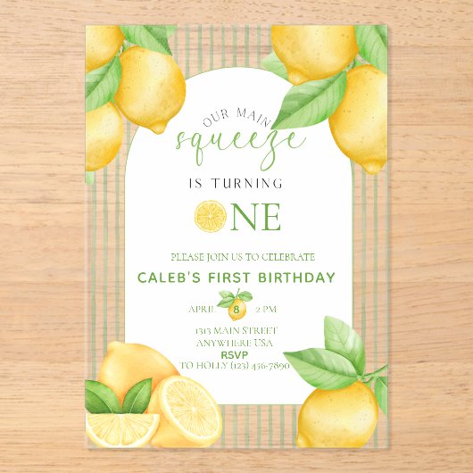  Our Main Squeeze Lemon 1st Birthday Invitation Acryl Uitnodigingen (Voorkant)