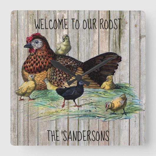 Our Roost Rustic Chicken Clock Vierkante Klok (Voorkant)