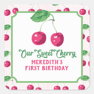 "Our Sweet Cherry" Roze & Groene Verjaardag Vierkante Sticker