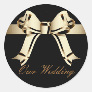 "Our Wedding" - Bold Sepia/Gold Bow en Ribbon[a] Ronde Sticker