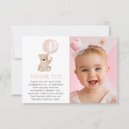 Ours 1ère carte photo anniversaire rose ballon à p (Devant)