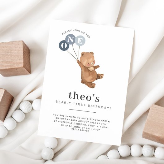 Ours avec 3 Ballons Bleus 1er Invitation anniversa