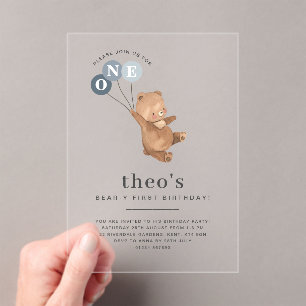 Ours avec 3 Ballons Bleus 1er Invitation anniversa