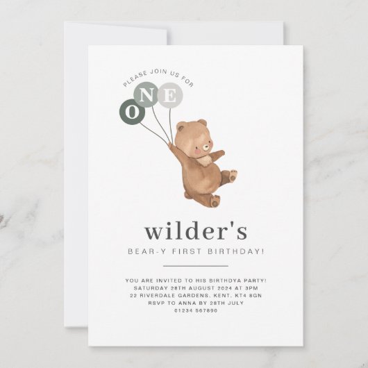 Ours avec 3 Ballons verts 1er Invitation anniversa (Devant)