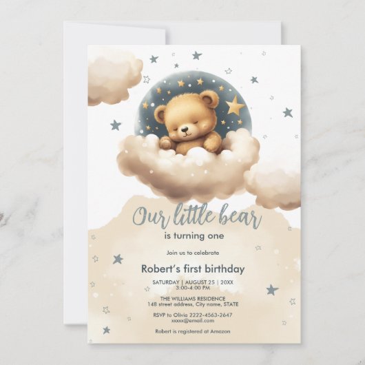 Ours bleu sur les nuages baby shower invitation (Devant)