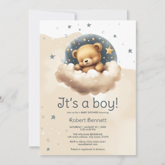 Ours bleu sur les nuages baby shower invitation (Devant)