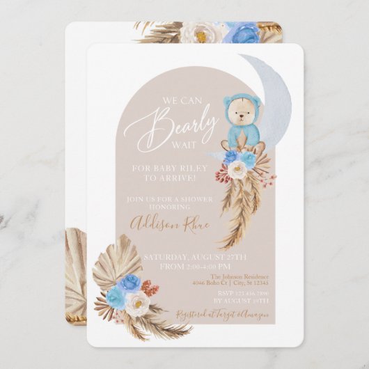 Ours Boho Blue Floral Baby Boy Shower Invitation (Devant / Derrière)