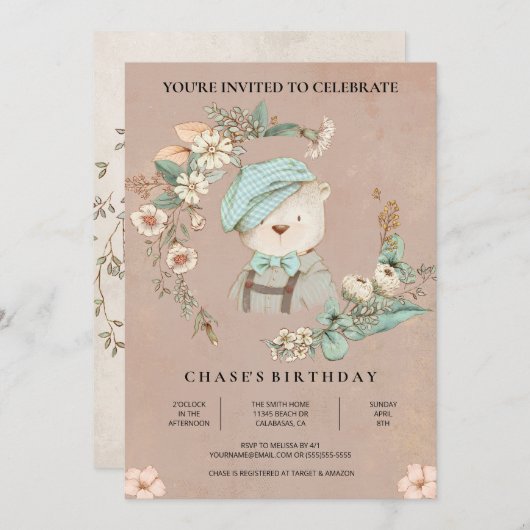 Ours Botanique Rustique Invitation Anniversaire (Devant / Derrière)