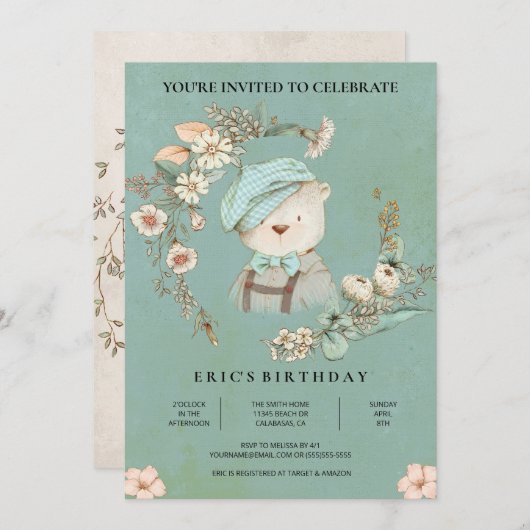 Ours Botanique Rustique Invitation Anniversaire (Devant / Derrière)