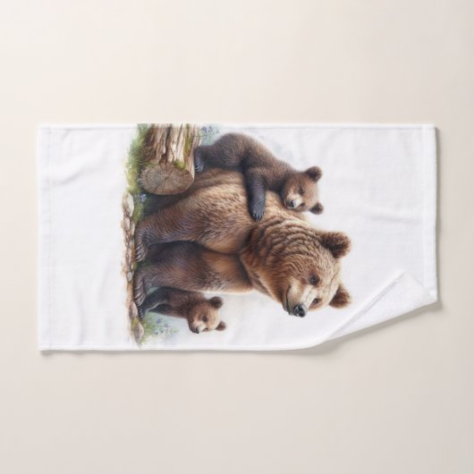 Ours Brown avec deux petits (Serviette à main)