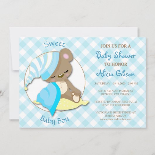 Ours couché bébé garçon douche Invitation (Devant)