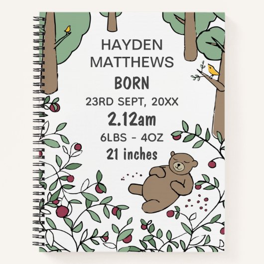 Ours couché Woodland Journal personnalisé bébé (Devant)