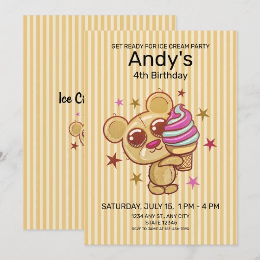 Ours de crème glacée 4e anniversaire Invitation de (Devant / Derrière)