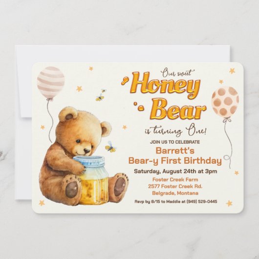 Ours de miel doux Invitation d'anniversaire (Devant)