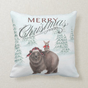 Ours de région boisée et coussin de Joyeux Noël