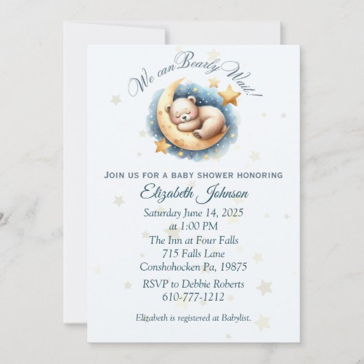 Ours dormant sur la Lune Invitation Baby shower (Devant)