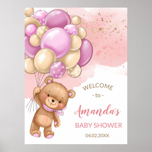 Ours en peluche avec ballons roses Affiche de bien (Devant)