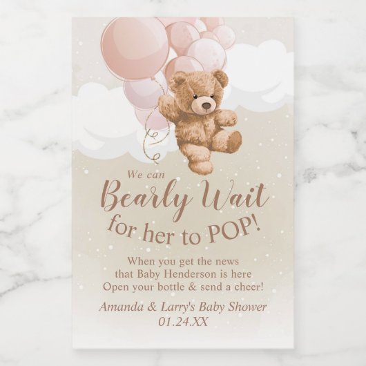 Ours en peluche avec ballons roses Mini Étiquette  (Étiquettes simples)