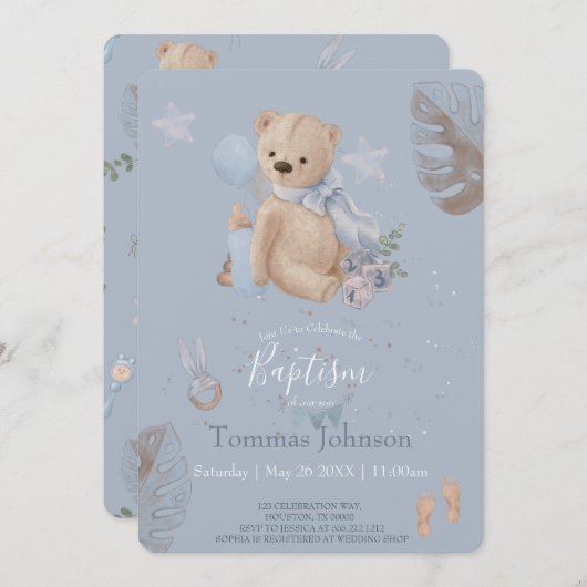 Ours en peluche Boho Baptême Invitation (Devant / Derrière)