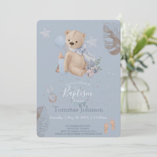 Ours en peluche Boho Baptême Invitation (Debout devant)