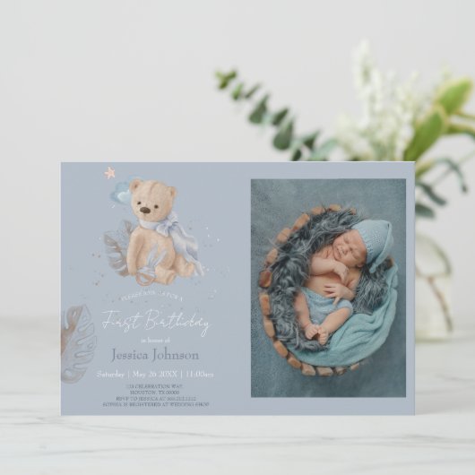 Ours en peluche Boho Invitation d'anniversaire (Debout devant)