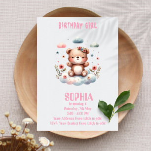 Ours en peluche "Fille d'anniversaire" Invitation
