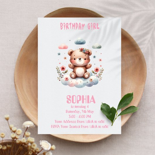Ours en peluche "Fille d'anniversaire" Invitation