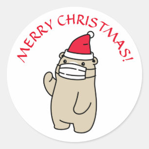 OURS JOYEUX NOËL AVEC MASQUE Autocollant Rond