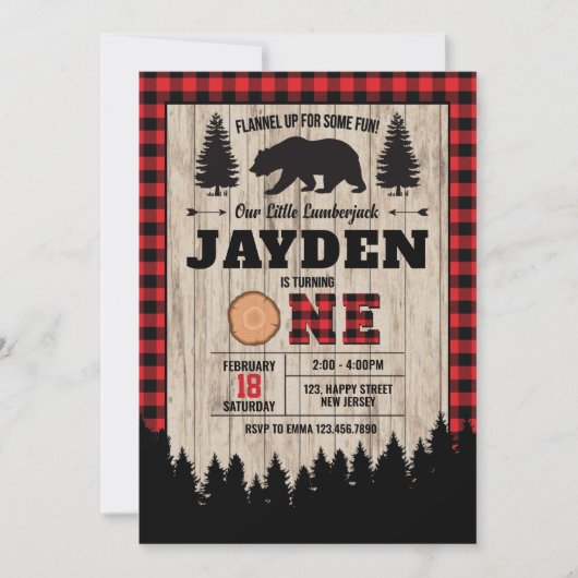 Ours Lumberjack Invitation Anniversaire. Enfant an (Devant)