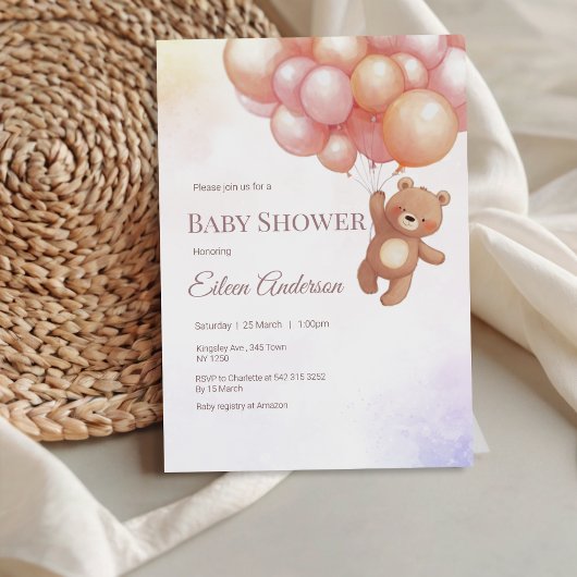 Ours mignon avec ballons Baby shower Invitation