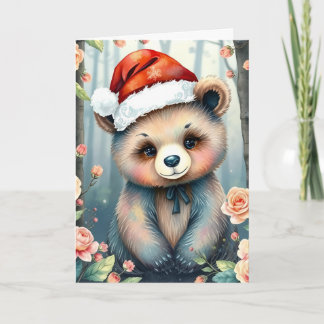 Ours mignon avec chapeau de Noël carte de Noël