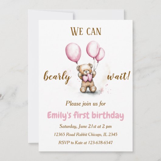 Ours mignon avec des ballons roses | Invitation d' (Devant)
