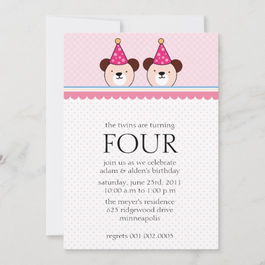 Ours mignons - le rose jumelle des invitations (Devant)