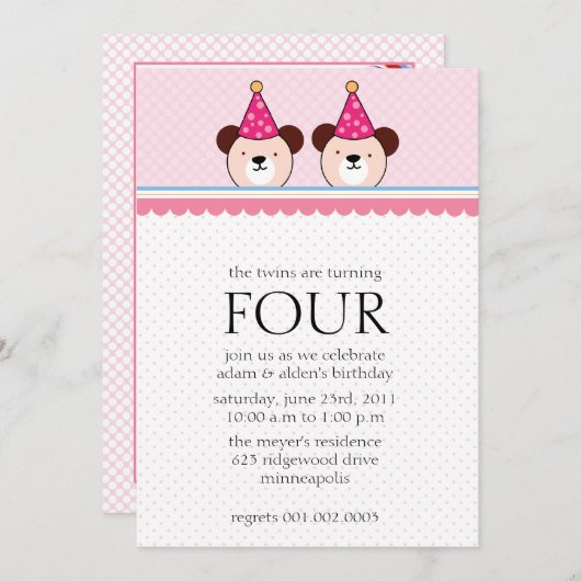 Ours mignons - le rose jumelle des invitations (Devant / Derrière)