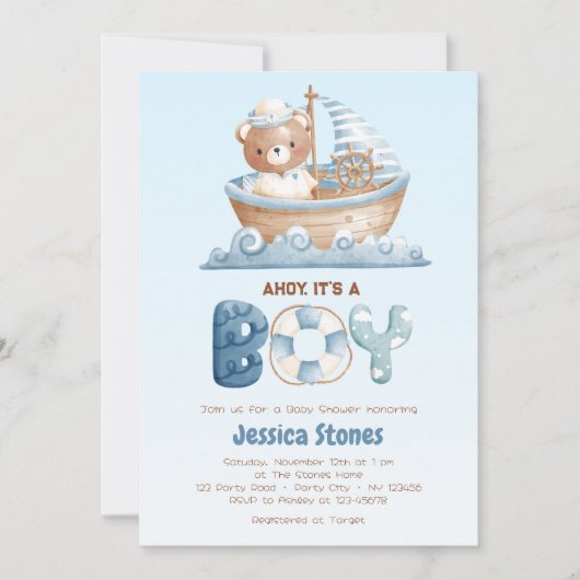 Ours Nautique Garçon Bébé Douche Invitations (Devant)