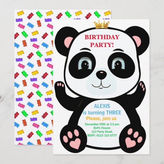 Ours Panda Mignon & Invitation Multicolore de Fria (Devant / Derrière)
