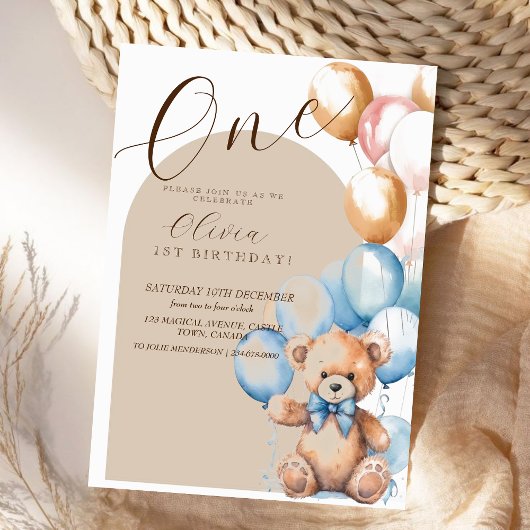 Ours Pastel Premier anniversaire Invitation avec p