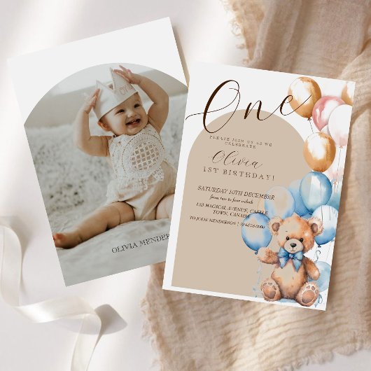 Ours Pastel Premier anniversaire Invitation avec p