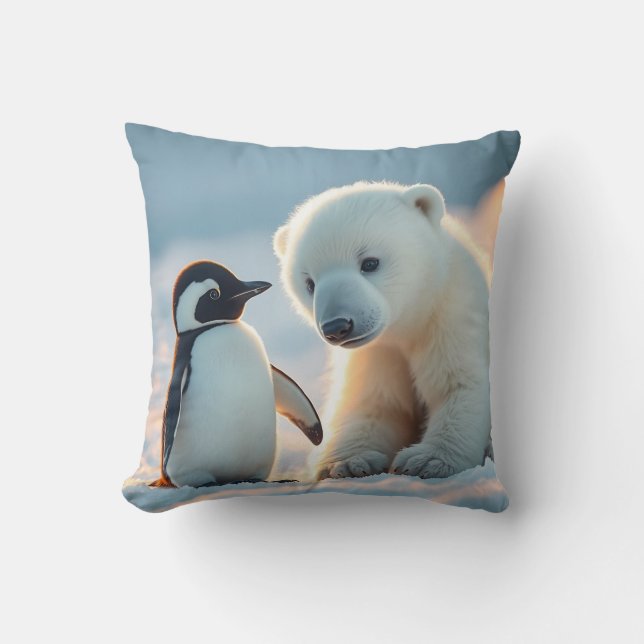 Ours polaire bébé et manchot Coussin (Recto)