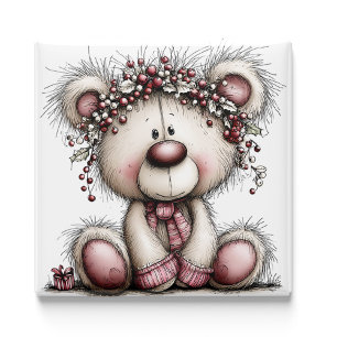 Ours rose Baies de Noël   Aimant de Noël