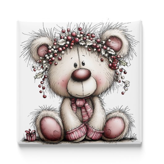 Ours rose Baies de Noël | Aimant de Noël