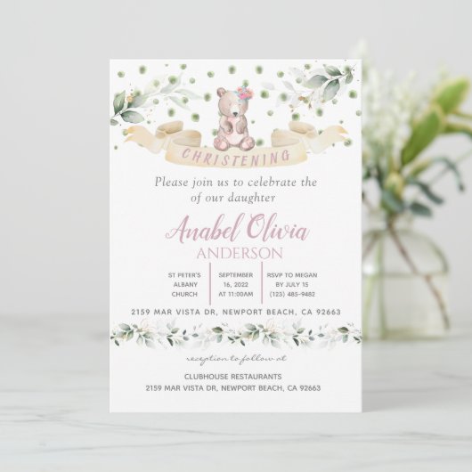 Ours Rose Flore Verdure Baptême Invitation fille (Debout devant)
