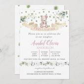 Ours Rose Flore Verdure Baptême Invitation fille (Devant / Derrière)