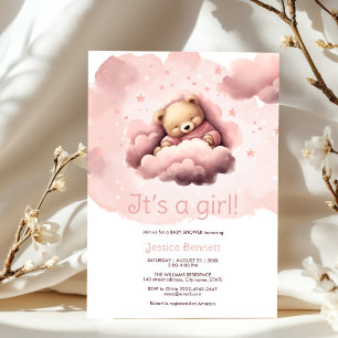 Ours rose sur les nuages baby shower invitation