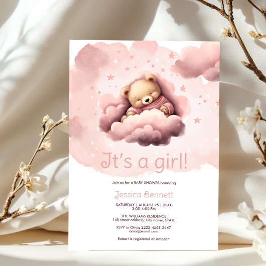 Ours rose sur les nuages baby shower invitation