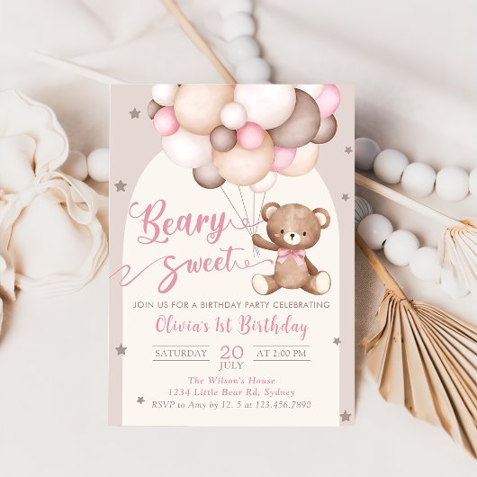 Ours Rose Teddy Ballons Fille Invitation Anniversa