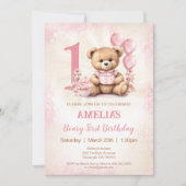 Ours rose Teddy Girl 1er anniversaire Invitation (Devant)